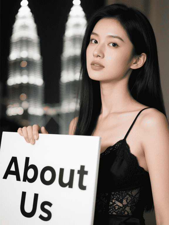 Woman holding "About Us" sign with Kuala Lumpur skyline at night