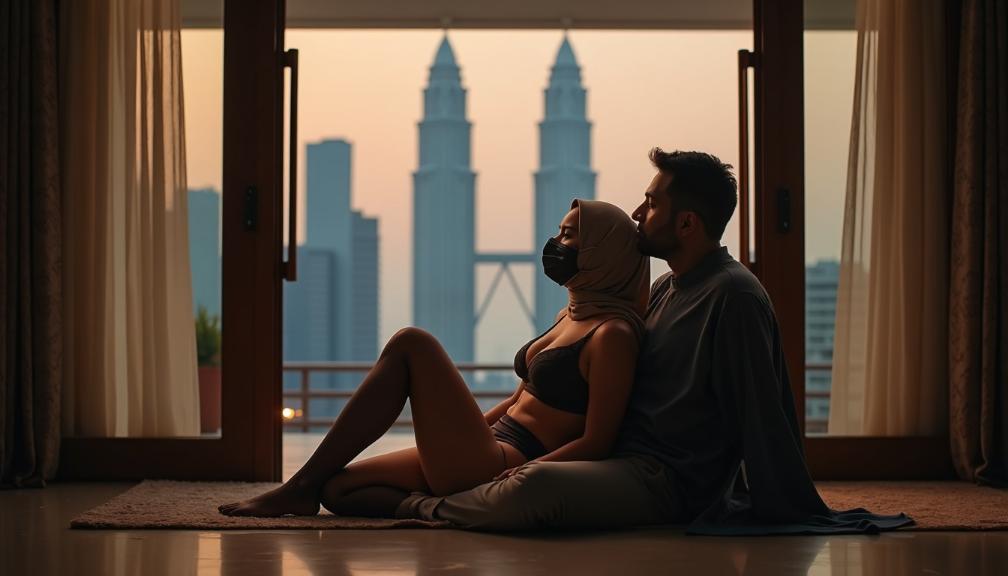 Couple kissing with Petronas Towers view in Kuala Lumpur