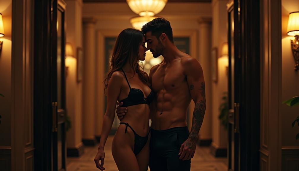 Couple embracing in a dimly lit, elegant hallway.
