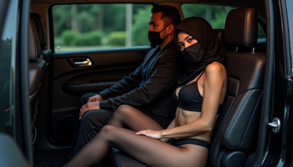 Couple in car, woman in hijab and lingerie, man in suit, both masked