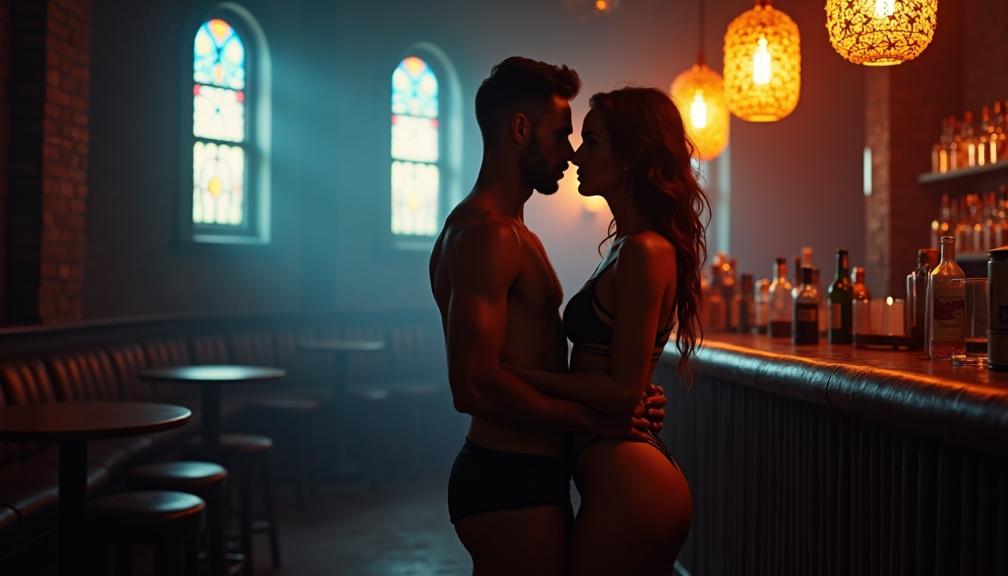 Couple embracing in dimly lit bar with stained glass windows